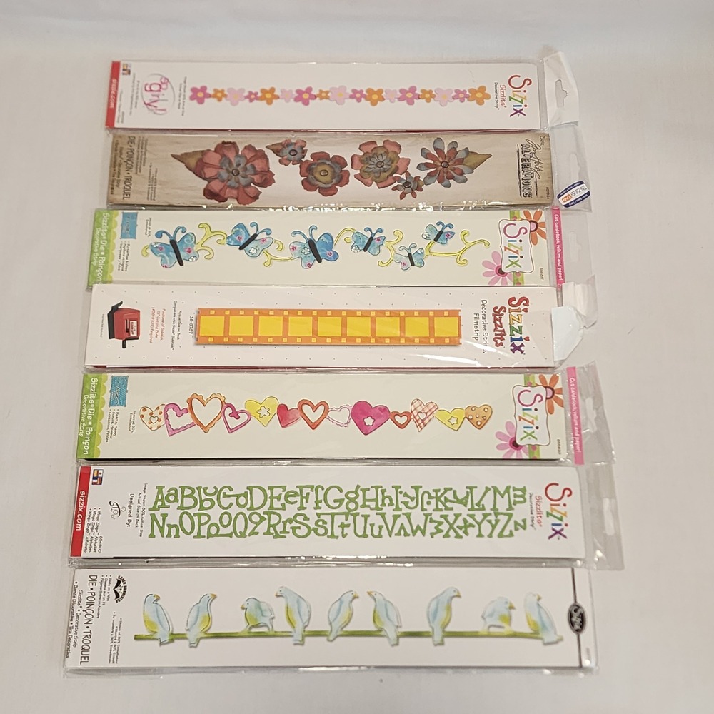 Sizzix Sizzlits Decorative Strip Die Lot 7pc Butterflies Hearts Birds Alphabet